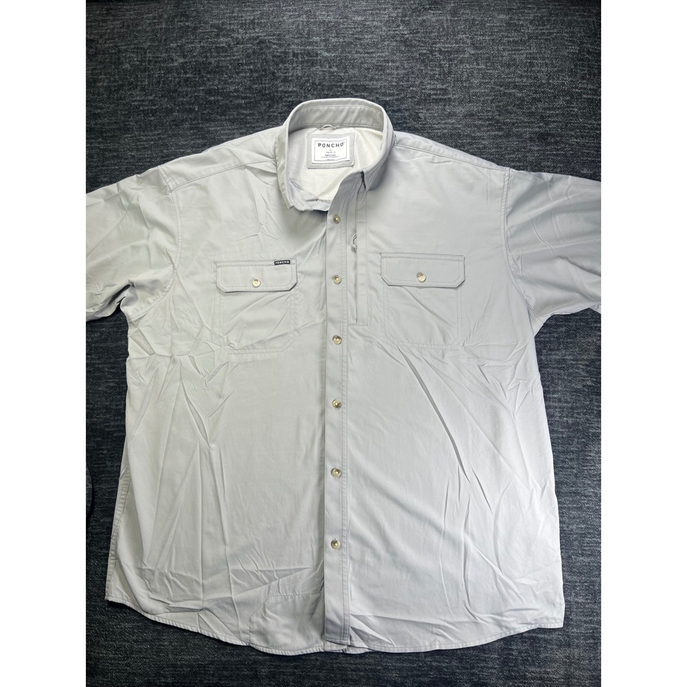 Poncho Fishing Shirt Mens XL Gray Short Sleeve Magnetic Pockets Vented Back